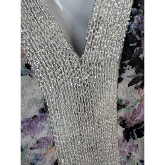 Badgley Mischka Floral Beaded V-Neck Blouson Top Gathered size L 100% Polyester - Picture 2 of 16